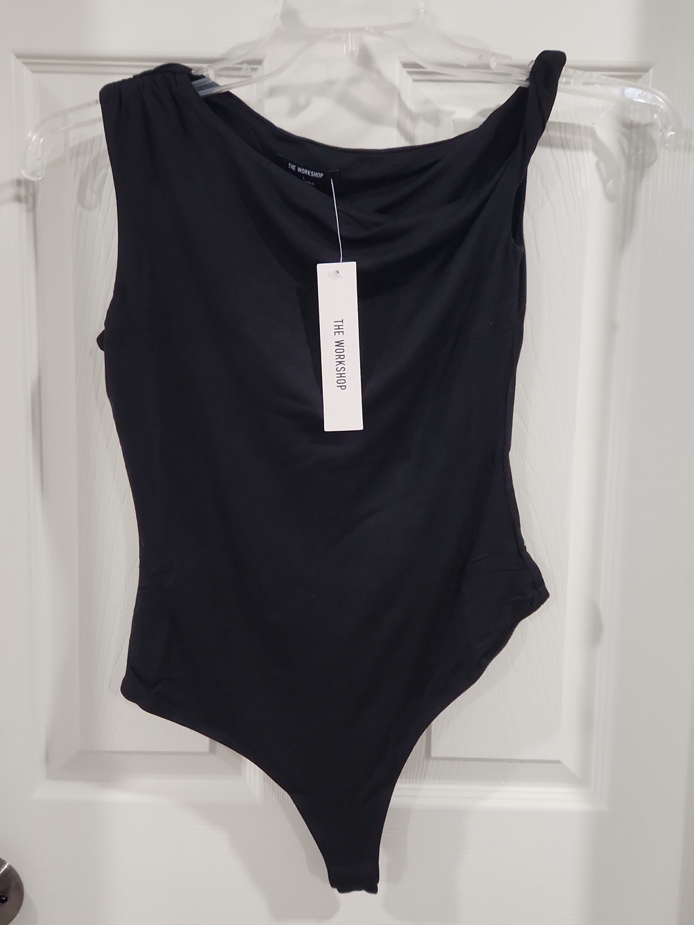 NWT The Workshop Black One Shoulder Bodysuit Size L Cowl Asymmetric Neck
